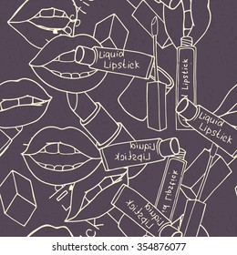 Makeup seamless doodle outline pattern with lipstick and lips on dark background