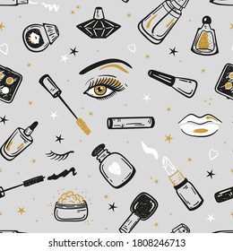 Makeup Seamless Pattern. Cosmetics Collection Background. Hand Drawn Doodle Cosmetic Products. Beauty and Fashion Items Vector illustration