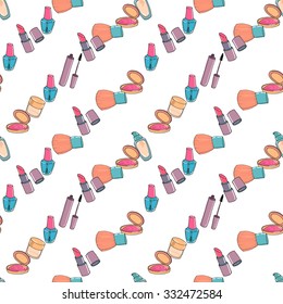 Makeup seamless pattern with diagonal rows of cosmetic products. Mascara, eye shadow, concealer, blusher