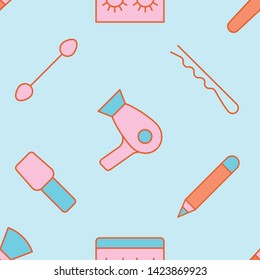 Makeup seamless pattern. Illustrations of different cosmetics. 