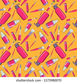 Makeup seamless pattern. Illustrations of different cosmetics. 