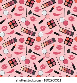 Makeup. Seamless pattern. Makeup kit. Lipstick, eye shadow, blush, lip print, kisses, swatch. Flat vector illustration isolated on pink background.