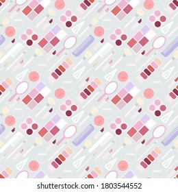 Makeup. Seamless pattern. Makeup kit. Lipstick, eye shadow, blush, lip print, kisses, swatch. Flat vector illustration isolated on light blue background.