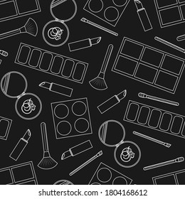 Makeup. Seamless pattern. Makeup kit. Lipstick, eye shadow, blush, lip print, kisses, swatch. Line art. Flat vector illustration isolated on black background.