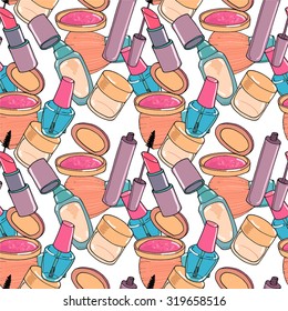 Makeup seamless pattern. Mascara, eye shadow, concealer and blusher