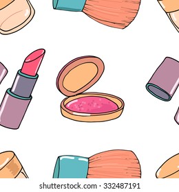 Makeup seamless pattern. Mascara, eye shadow, concealer, blusher on white background