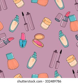 Makeup seamless pattern. Mascara, eye shadow, concealer, blusher and nail polish