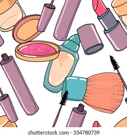 Makeup seamless pattern. Mascara, eye shadow, concealer, blusher on white background