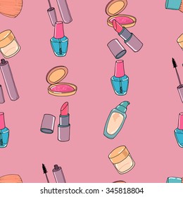 Makeup seamless pattern. Mascara, eye shadow, concealer, nail polish  and blusher on pink background