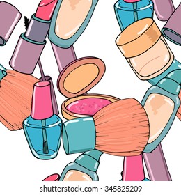 Makeup seamless pattern. Mascara eye shadow concealer and blusher. Cartoon style