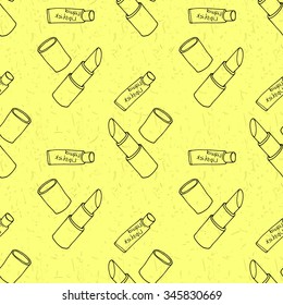 Makeup seamless pattern. Mascara, eye shadow, concealer, blusher