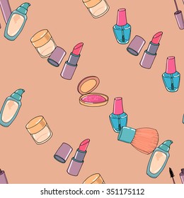 Makeup seamless pattern. Mascara, eye shadow, concealer and blusher on beige background