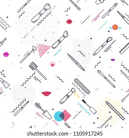 Makeup seamless pattern Memphis style. Illustrations of different cosmetics. Lipstick and pomade, brushes for make up glamour. Vector background