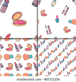Makeup seamless pattern set. Four backgrounds. Mascara, eye shadow, concealer, blusher on white background.