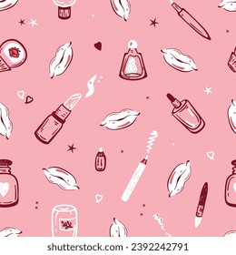 Maquillaje De Patrón Rosa Sin Marea. Productos cosméticos. Labios de Doodle dibujados a mano, Palo de labio, Cubierta de labios. Belleza y artículos de moda. Ilustración del vector