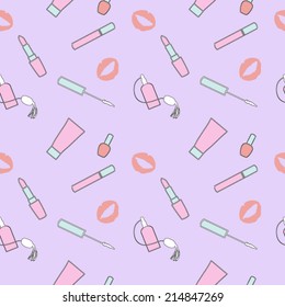 Makeup seamless vector pattern for woman.  Pink seamless beauty products pattern. Makeup background.