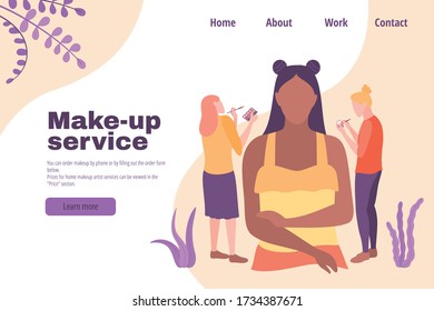 Make-up service landing page template. Beautiful girls stylists doing makeup for african american female character. Cartoon women with different cosmetic equipment. Flat design vector illustration