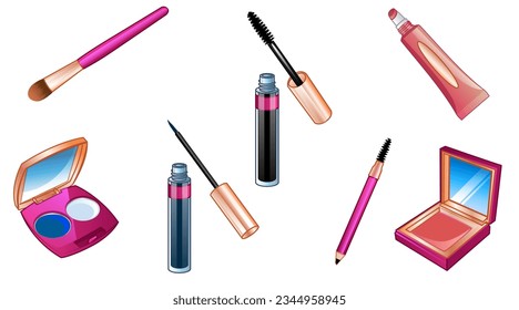 Makeup Set 01 con escobilla de sombra, sombra de ojos, Eyeliner, Mascara, lápiz de cuerdas, brillo de labios y rubor en oro rosa y rosa. Ilustración vectorial