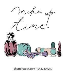 Makeup set banner with different cosmetics, vector
