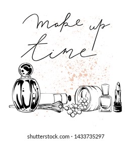 Makeup set banner with different cosmetics, vector