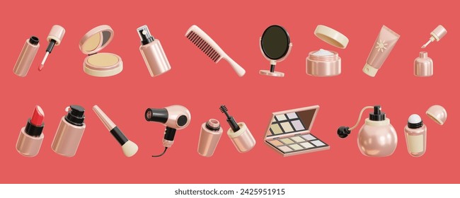 makeup set collection 3D icon , Realistic cosmetic products