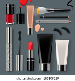 Makeup set with collection of make up cosmetics and accessories, vector illustration.