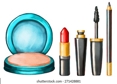 Make-up set. Compact powder, red lipstick, mascara, black eyeliner isolated on white background