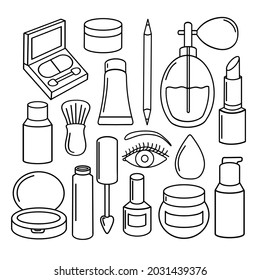 Makeup set. Cosmetics beauty elements. Hand drawn beauty illustration. Fashion art sketch. For postcards, flyers, banners, social networks.Vector illustration isolated on white.