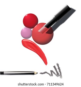 Makeup Set of cosmetics. Red lipstick, eye pencil, pink drops of nail polish, smear, trace lipstick, stroke eyeliner. Beauty design concept for cosmetics labels, visage and make up background