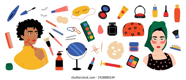 Makeup set. Cute female characters with face skin care cosmetics, cartoon female characters with lipstick patches brush. Vector isolated set