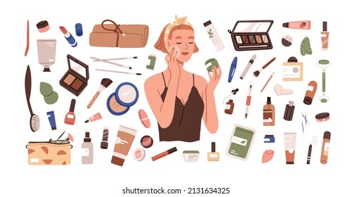 Makeup set with decorative beauty products. Skin, eyes, lips cosmetics and accessories for make-up. Women purse stuff, lipstick, mascara. Flat graphic vector illustration isolated on white background - Shutterstock ID 2131634325