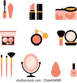 Makeup set with decorative beauty products. Eyes, lips cosmetics. Women purse stuff, lipstick, mascara, shadows, perfume, brushes, mirror, sponge, lacquer. Flat graphic vector illustration isolated 