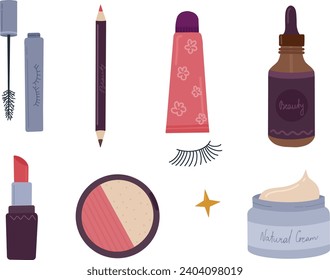 Makeup set with decorative cosmetic. Doodle cosmetics icon. Skin, eyes, lips cosmetics and accessories for make-up. Women purse stuff, lipstick, mascara. Flat graphic vector illustration isolated on