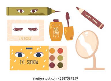 Makeup Set For Eyes, Includes Lashes, Liner, Eyeshadow, Eyebrow Pencil, And Mirror. Cosmetics Vector Illustration