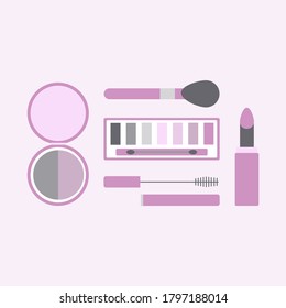 make-up set, eyeshadow palette, brush, lipstick, eye lashes, facepowder; set of cosmetics for a daily make-up, magazine or web illustration