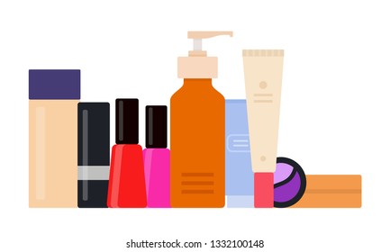 Makeup set of foundation, concealer and primer in tubes, powder, lipstick and nail polishes in a row vector icon flat illustration isolated on white