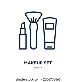 icono del conjunto de maquillaje de la colección de belleza. Juego de maquillaje lineal delgado, maquillaje, icono de contorno de cuidado aislado en fondo blanco. Signo de conjunto de maquillaje de vectores de línea, símbolo para web y móvil