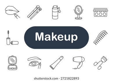 Ícone do conjunto de maquiagem. Batom, escova, rímel, espelho, paleta, loção, pente, pó, delineador, creme, secador de cabelo, rolo, olho, cosmético, rosto, beleza, cuidados com a pele, higiene, salão, estilo