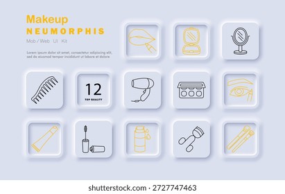 Ícone do conjunto de maquiagem. Batom, lábios, espelho, sombra do olho, fundação, rímel, escovas, pó, compacto, pente, secador