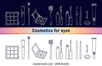 Makeup set with icons in hand drawn (sketch) style and line icons. Cosmetic items for eyes - mascara, eyeshadow, brushes, highlighter, eyelash comb, crayon, etc. Vector illustration EPS 10