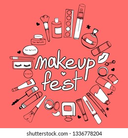 makeup set illustration of cosmetics, inscription in the frame makeup, fashion makeup banner vector