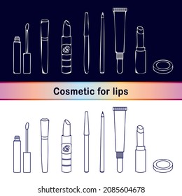 Makeup set with line icons and icons in hand drawn (sketch) style. Cosmetic items for lips - lip gloss, lip pencil, balm, lipstick, crayon, etc. Vector illustration EPS 10