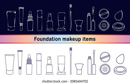 Configuración con iconos de línea e iconos en estilo dibujado a mano (boceto). Artículos cosméticos para cimentación - crema, cepillos, esponja, cimiento líquido, ocultador, etc. Ilustración vectorial EPS 10