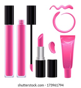 Make-up set for lips. Lipstick and lip gloss smudges. Gel texture. Pink color.