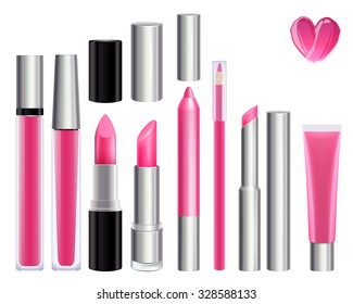 Make-up set for lips. Lipstick lip gloss smudge pencil lip liner. Pink color.