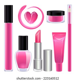 Make-up set for lips and nails. Lipstick, nail polish and lip gloss smudges. Glass pot with product. Pencil lip liner. Pink color.