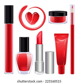 Make-up set for lips and nails. Lipstick, nail polish and lip gloss smudges. Glass pot with product. Pencil lip liner. Red color.