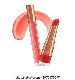 Make-up set for lips with realistic cream smear, realistic liquid lipstick.