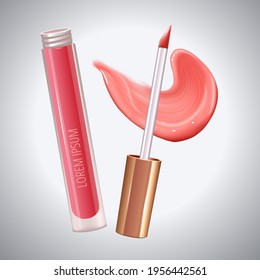 Make-up set for lips with realistic creme smear, realistic liquid lipstick.