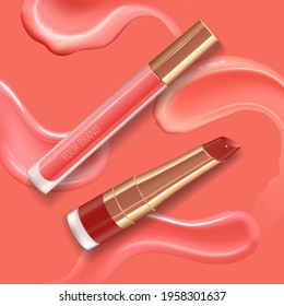 Make-up set for lips with realistic creme smear, realistic glossy shining smiling lips and liquid lipstick.